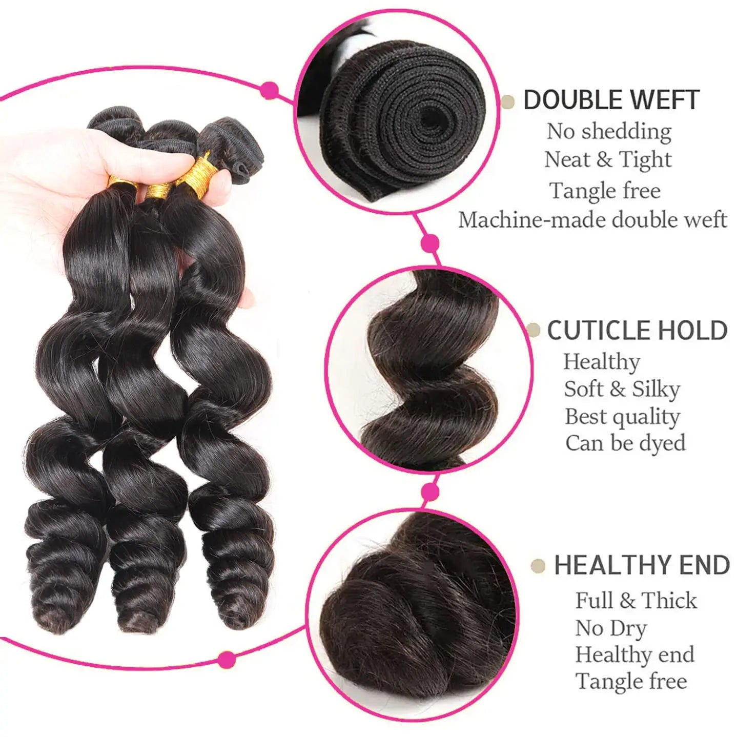 3 Bundles 1618 20 Inch Unprocessed Human Hair Loose Wave Double Weft Bundles for Women, Natural Look Volume Versatile Styling