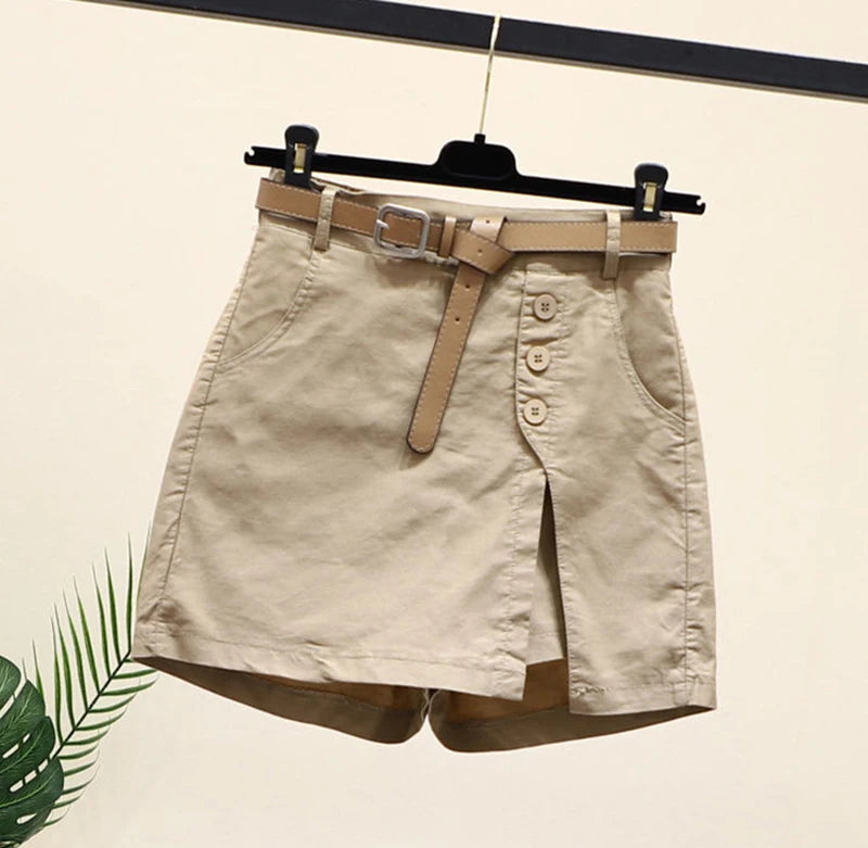 Chic Shorts Women Belt Korean Solid Buttons Side Slit A-line Streetwear Fashion Skirts Chic Harajuku Summer Loose Pants