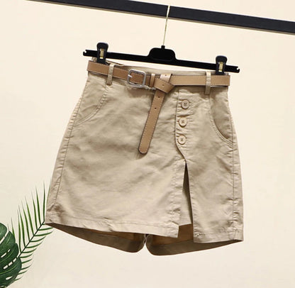 Chic Shorts Women Belt Korean Solid Buttons Side Slit A-line Streetwear Fashion Skirts Chic Harajuku Summer Loose Pants