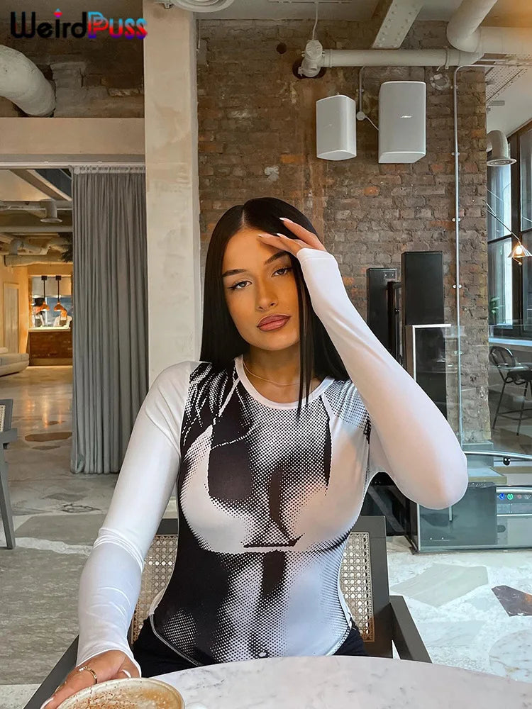 Weird Puss Sexy Print Women Crop Top Long Sleeve O Neck 2023 SpringTrend Skinny Wild Stretchy Vintage Midnight Streetwear Tees