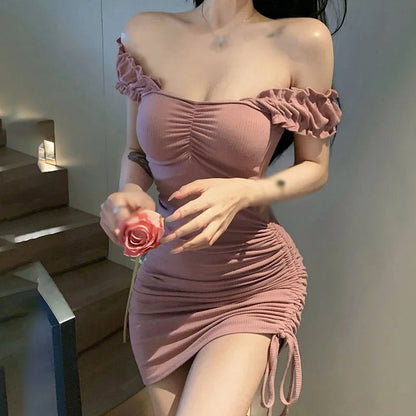 Women Dress Korean Summer Solid Color Slash Neck Drawstring Slim Sexy Short Sleeve Dresses Badiee Stylez