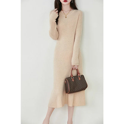 Women's Pure Wool Knitted Long Dress, Round Neck, Fishtail Skirt, Slim, Elegant, Casual, Fashionable, Sweater, 2024Autumn/Winter Badiee Stylez
