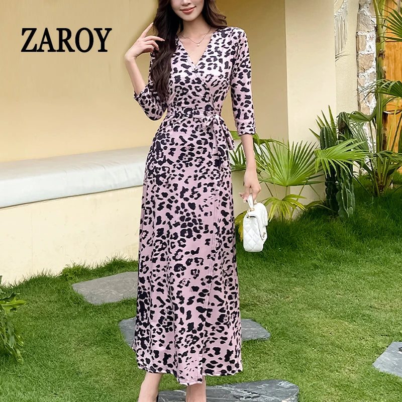 ZAROY Leopard Print Luxury Women Wrap Dresses Elegant V Neck Party Evening Long Dress Casual Belted Holiday Beach Robe Vestidos