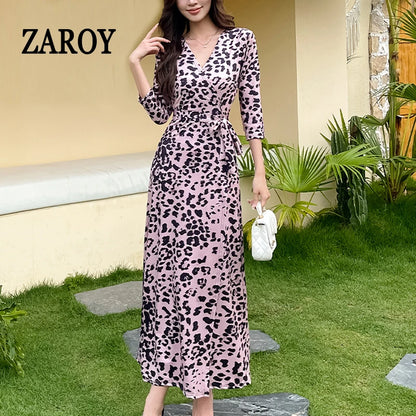ZAROY Leopard Print Luxury Women Wrap Dresses Elegant V Neck Party Evening Long Dress Casual Belted Holiday Beach Robe Vestidos
