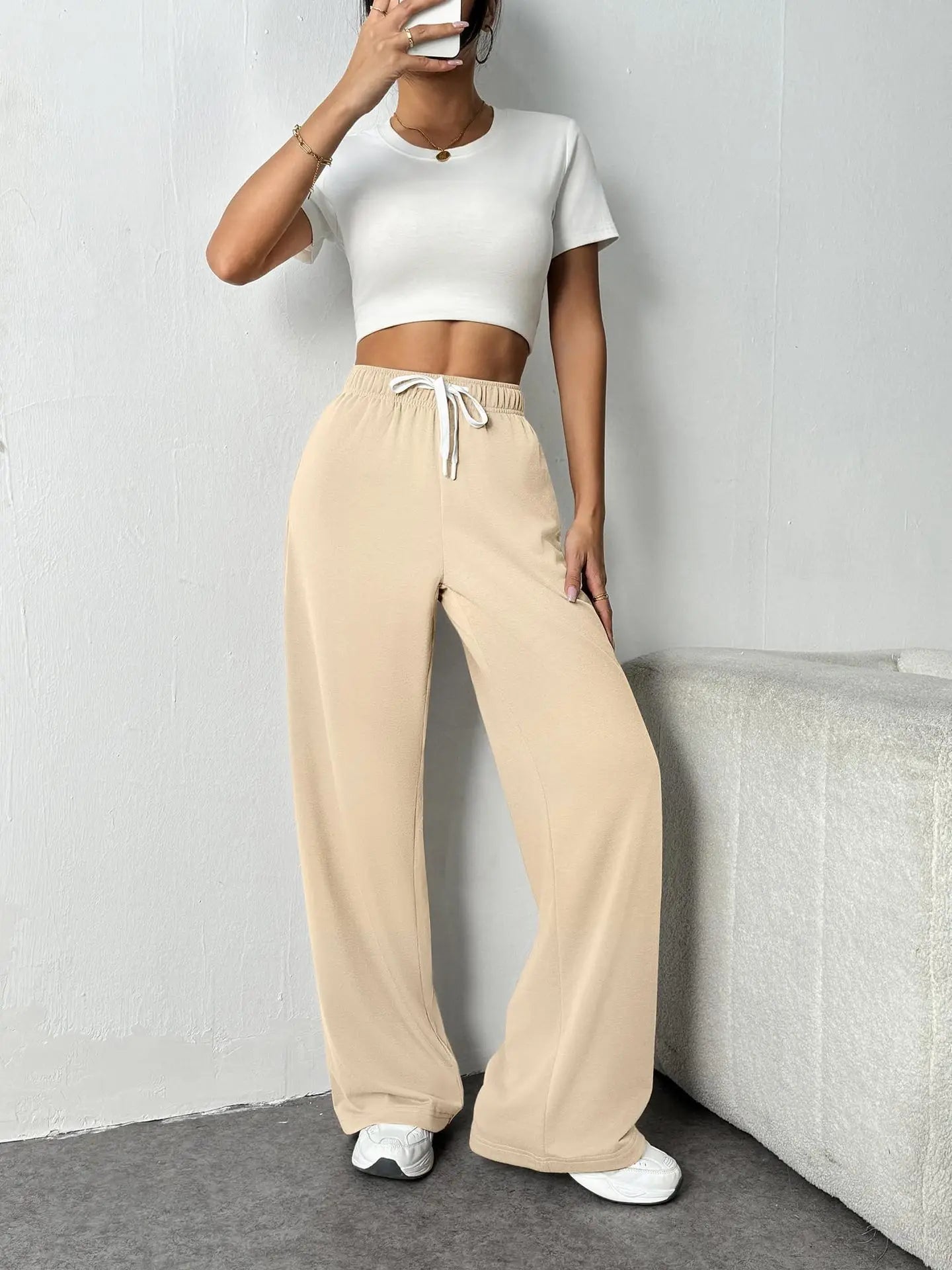 Casual Wide Leg Sports Pants for Women Casual Straight Leg Loose Solid Color Elastic Drawstring High Waisted Wide Leg Pants