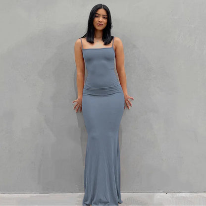 Europe and the United States cross-border foreign trade women 2024 solid color sexy slim high step slip dress blue