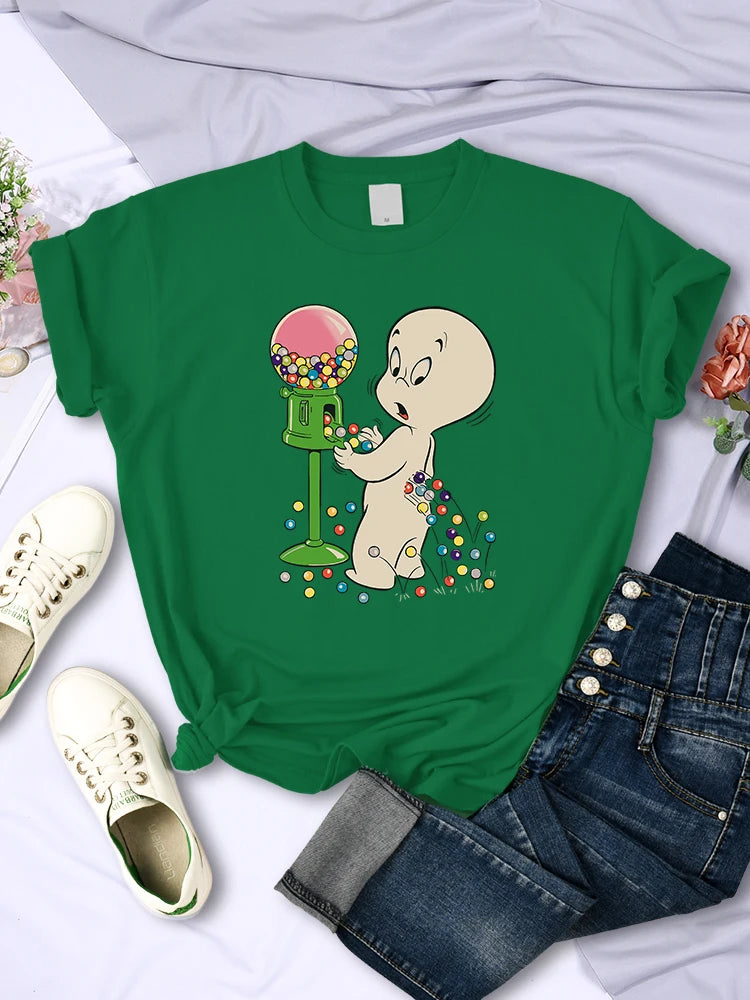 The Little Boy Likes Colored Glass Balls Women Short Sleeve Creative Street Tops Casual O-Neck Clothing All-math Female T-Shirts Green