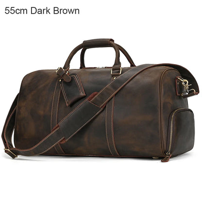 Luxury Genuine Leather Men Women Travel Bag Cow Leather Carry On Luggage Bag Travel Shoulder Bag Male Female Weekend Duffle Bag Dark Brown(55cm)