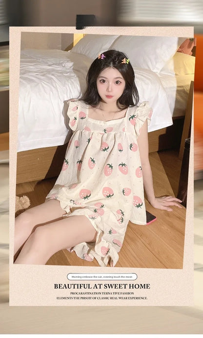 Summer Spwear Women's 2025 New Japanese Sle Fre Vest orts Woven Cotton Thin Home Clothes Set Sweet Print ort Pants