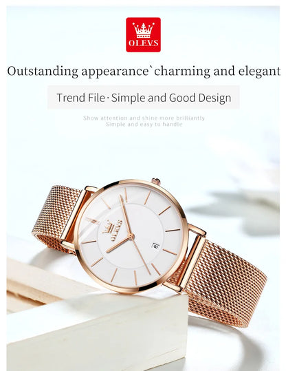 OLEVS Watch For Women Japan Quartz Movement 6.5mm Case Thickness Waterproof Ladies Hand Clock Calendar Fashion Dress Wrist Watch