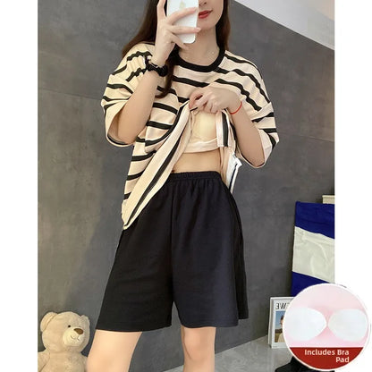 Women's Summer Spwear ort Sve Thin Striped Home Clothes Two-Piece Set with Chest Pad Milk Silk round Ne Pullover