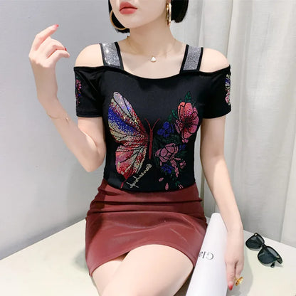 New Arrival Summer European Clothes Women's T-Shirts Chic Luxury Butterfly Hot Diamonds Tees Sexy Girl Slim Streetwear Tops Picture color 4