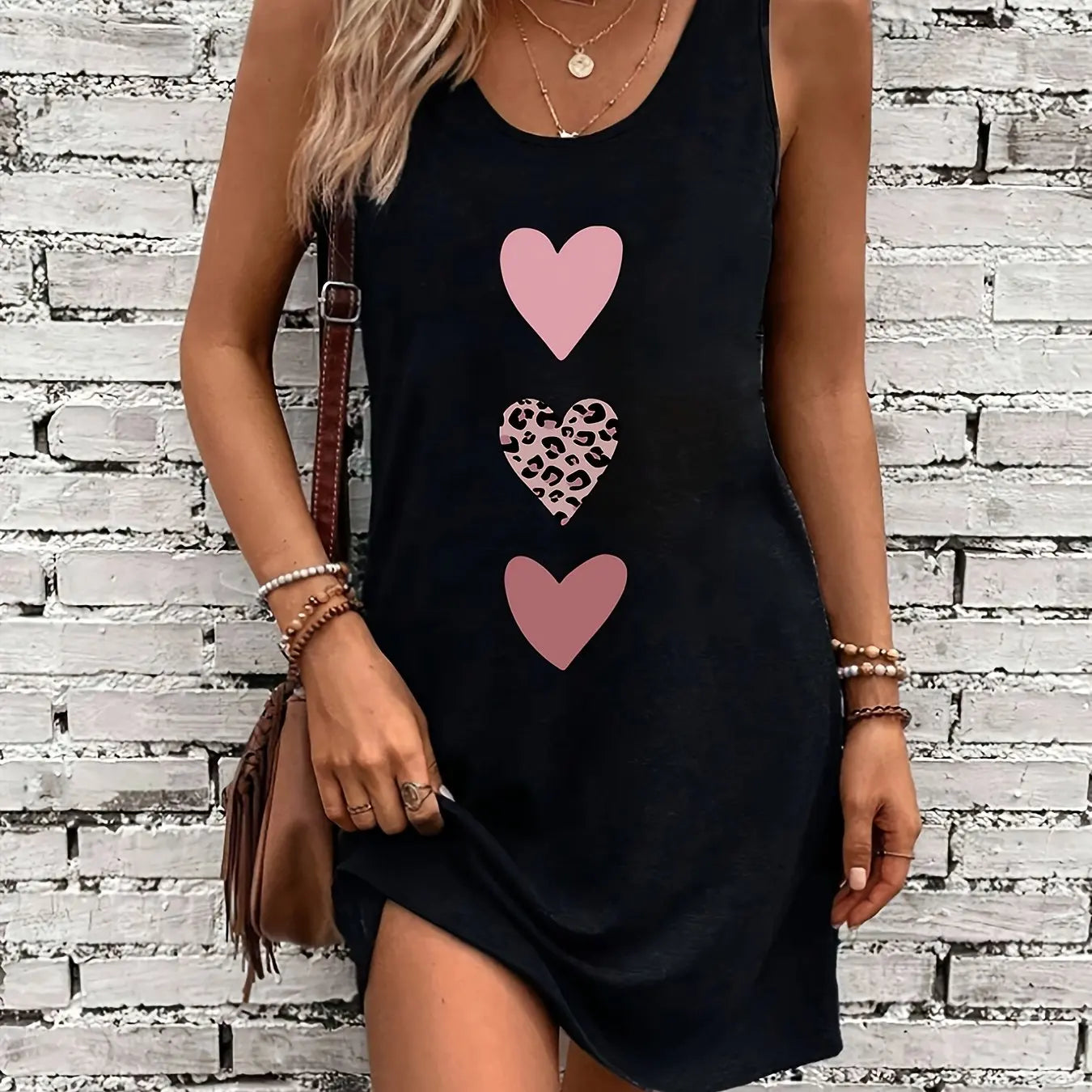Women's Summer Sleeveless Tank Top Dress Sexy Women's summer loose sleeveless short mini dress with black print Blue
