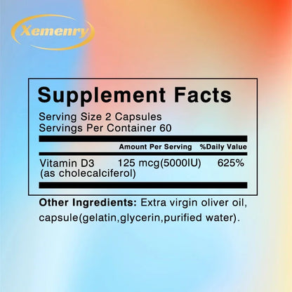 Vitamin D3 5000IU Capsules - Helps Support Muscle and Nerve Health, Bone Health, Immunity and Sleep Quality, Anti-inflammatory