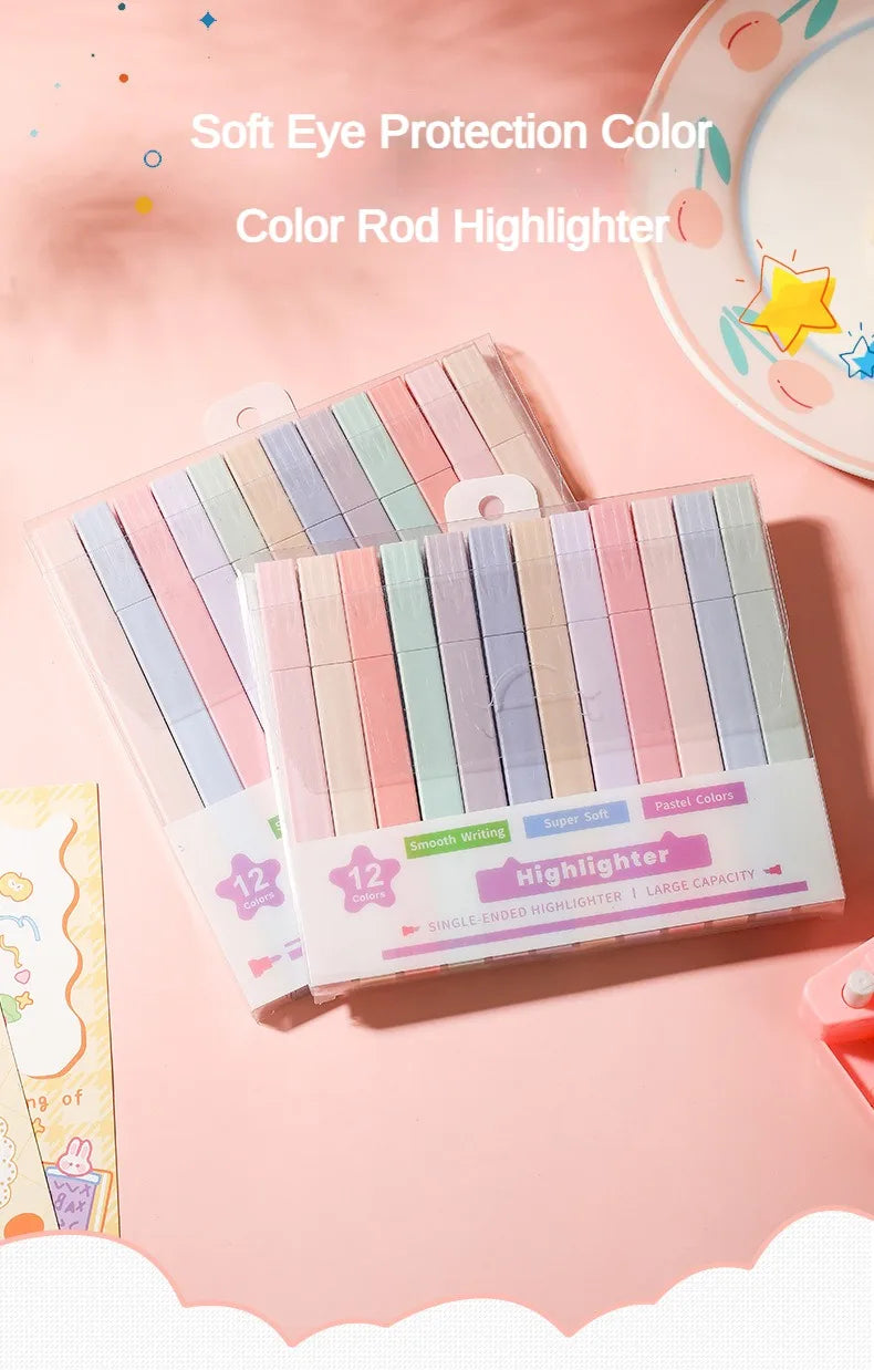 12 Pcs/Set Double Tip Highlighter Pens Kawaii Manga Markers Midliner Pastel Gel Set Stationery Journal School office Supplies Badiee Stylez