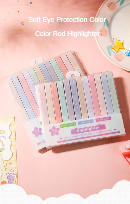 12 Pcs/Set Double Tip Highlighter Pens Kawaii Manga Markers Midliner Pastel Gel Set Stationery Journal School office Supplies Badiee Stylez