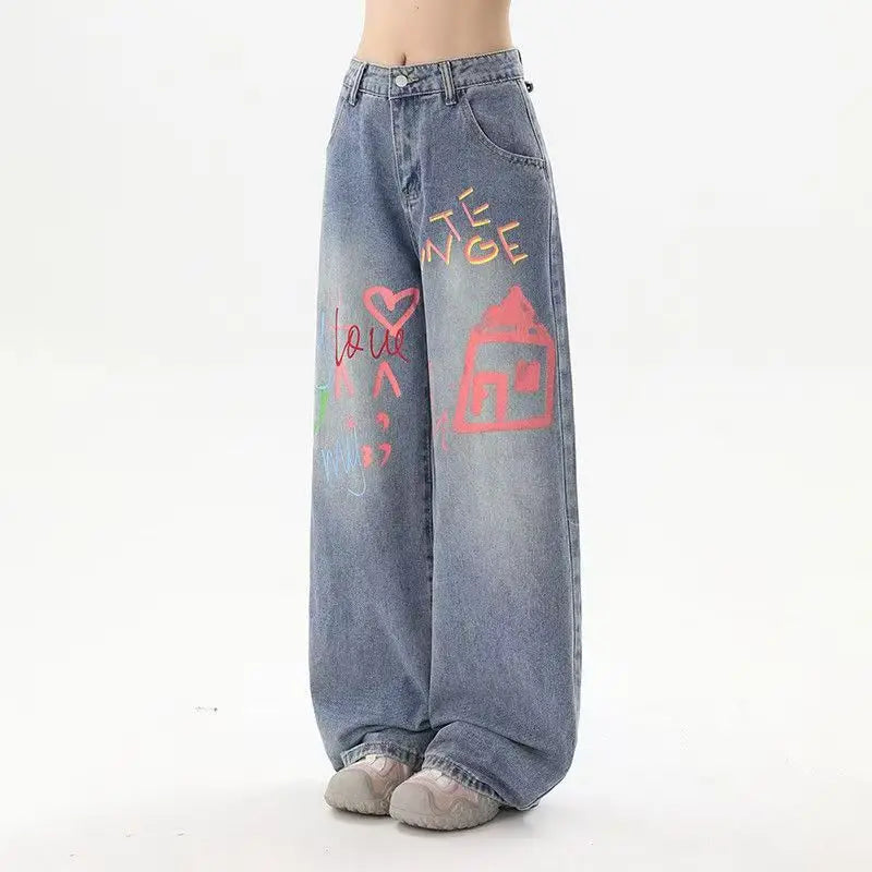 Y2K fashion retro cartoon embroidered women wide-leg jeans casual Harajuku loose pants street personality high-waisted jeans