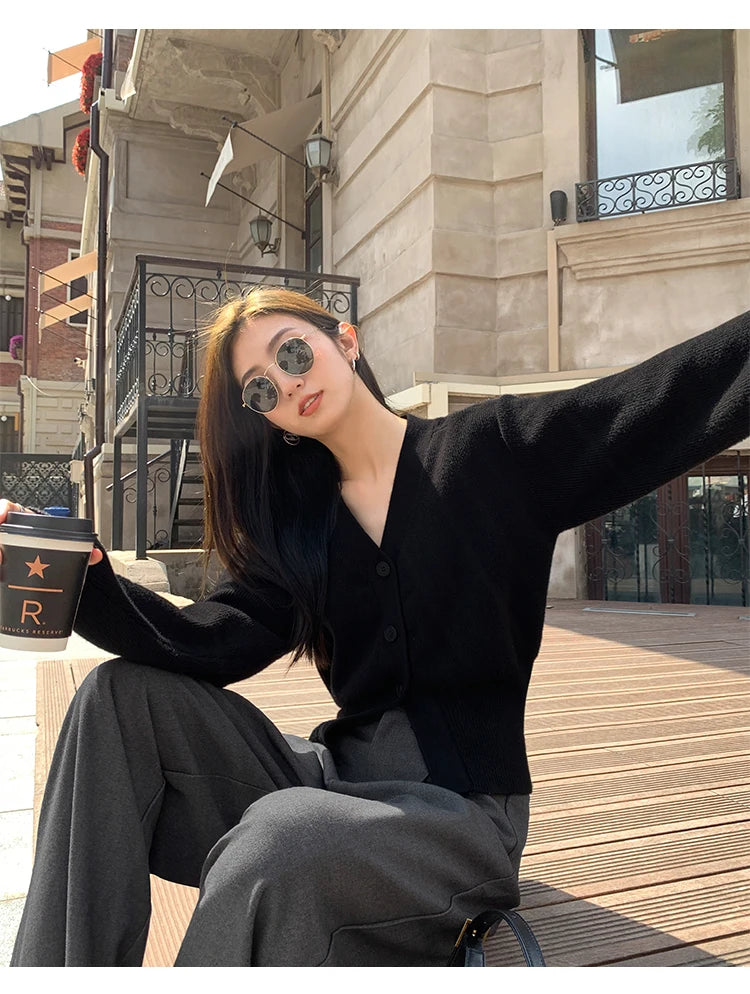 AOSSVIAO Knitted Casual Cardigan 2025 Autumn Winter Elegance Solid Color V-neck Sweater Unique and Niche Slim Fit Tops Badiee Stylez
