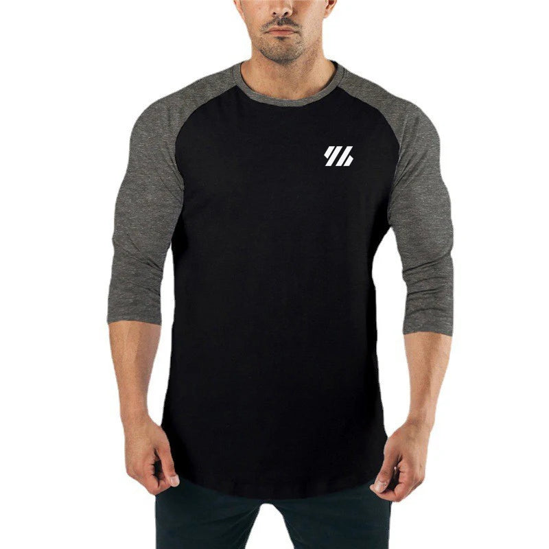 Men's Three Quarter Sleeves Cotton Slim Fit Shirts Fashion Color Contrast Sportswear Gym Bodybuilding Fitness Workout T-Shirts
