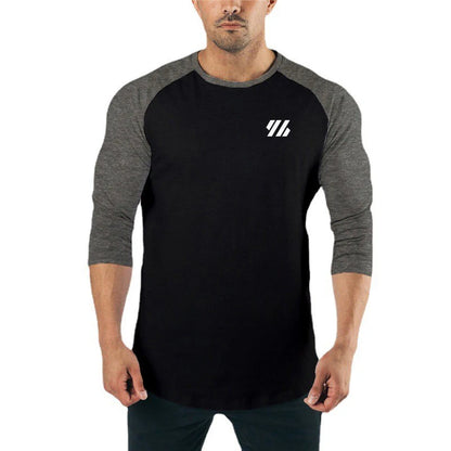 Men's Three Quarter Sleeves Cotton Slim Fit Shirts Fashion Color Contrast Sportswear Gym Bodybuilding Fitness Workout T-Shirts