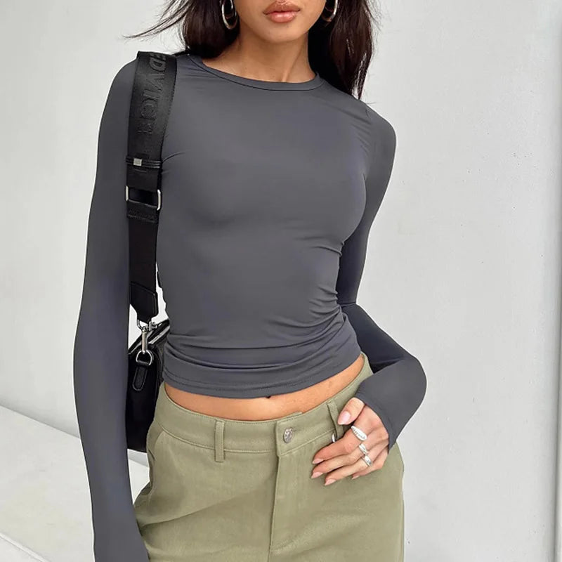 2024 Spring Autumn Women Y2K Pink T-Shirt Causal Long Sleeve Crop Tops O Neck Pullovers Base Tees Bodycon Slim Fit T Shirt Gray