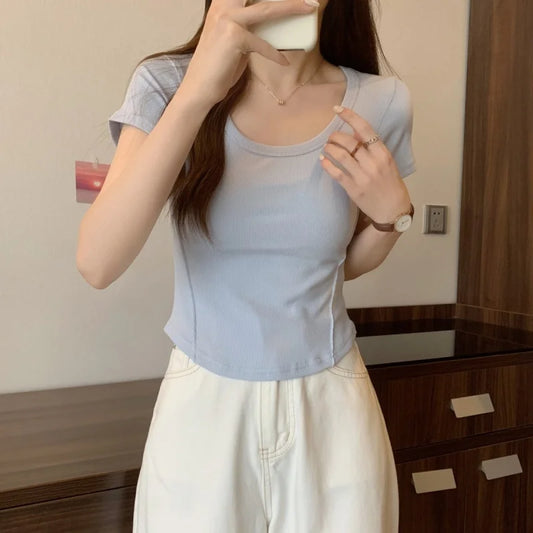 Y2K T-shirt Women V-neck Irregular Short Sleeve Crop Top New Korean Fashion Slim High Waist Solid Tee Shirt Woman Sexy Clothes