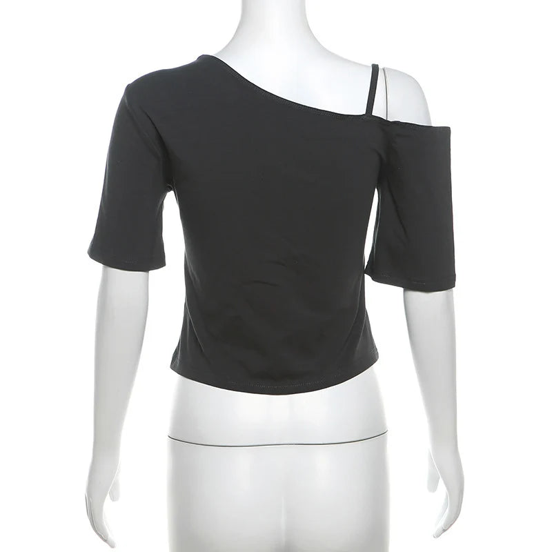 Gothic Tee Y2k Letter Print Off Shoulder Punk T-shirts Women Harajuku Summer Streetwear Grunge T Shirt Aesthetic Sexy Crop Tops