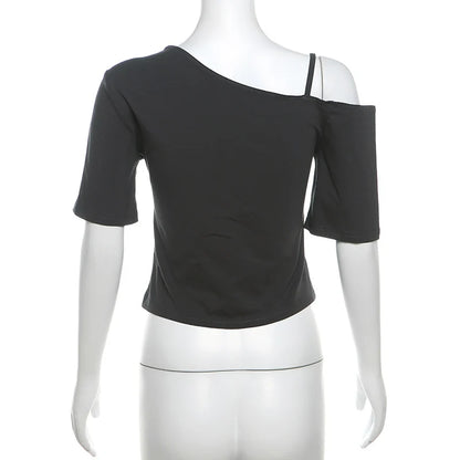 Gothic Tee Y2k Letter Print Off Shoulder Punk T-shirts Women Harajuku Summer Streetwear Grunge T Shirt Aesthetic Sexy Crop Tops