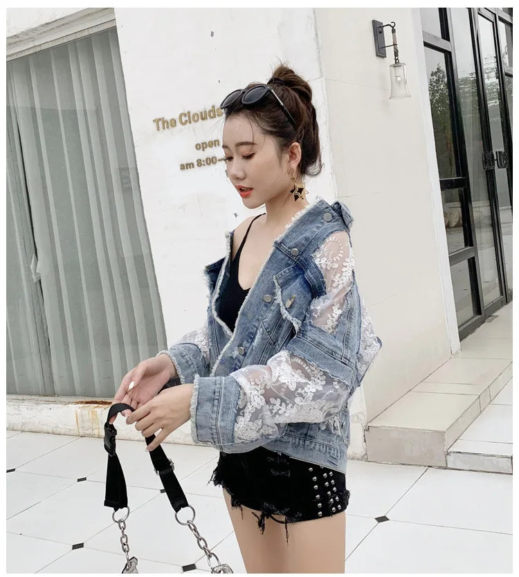 Cotton Denim Coat Women Lace Spring Autumn Ropa Cardigan Jeans Maxi Punk Gothic Bomber Jacket Windbreaker Y2k Jackets Korean
