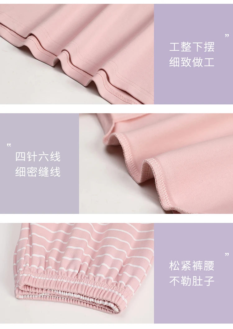 Newest Summer Casual Pajamas Set Women 100% Cotton Sleepwear Female Short Top+Calf-Length Pant Pyjamas