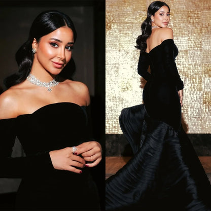 Customized Luxury Black Evening Dresses Graceful Strapless Long Sleeves Celebrity Gowns Exquisite Special Occasion Gowns Badiee Stylez