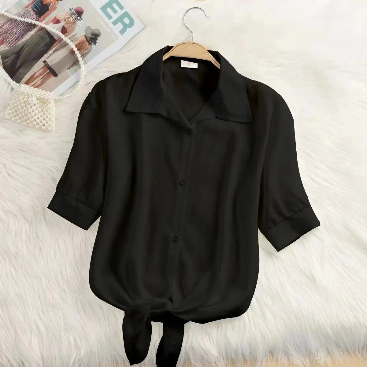2025 New Womens Tops Fashion Women Summer Chiffon Blouse Short Sleeve Casual Shirt White Ropa Mujer Blusas Feminino black