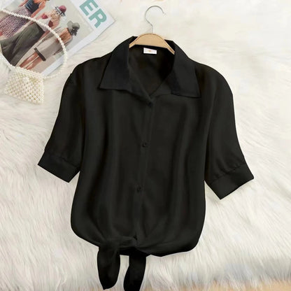 2025 New Womens Tops Fashion Women Summer Chiffon Blouse Short Sleeve Casual Shirt White Ropa Mujer Blusas Feminino black