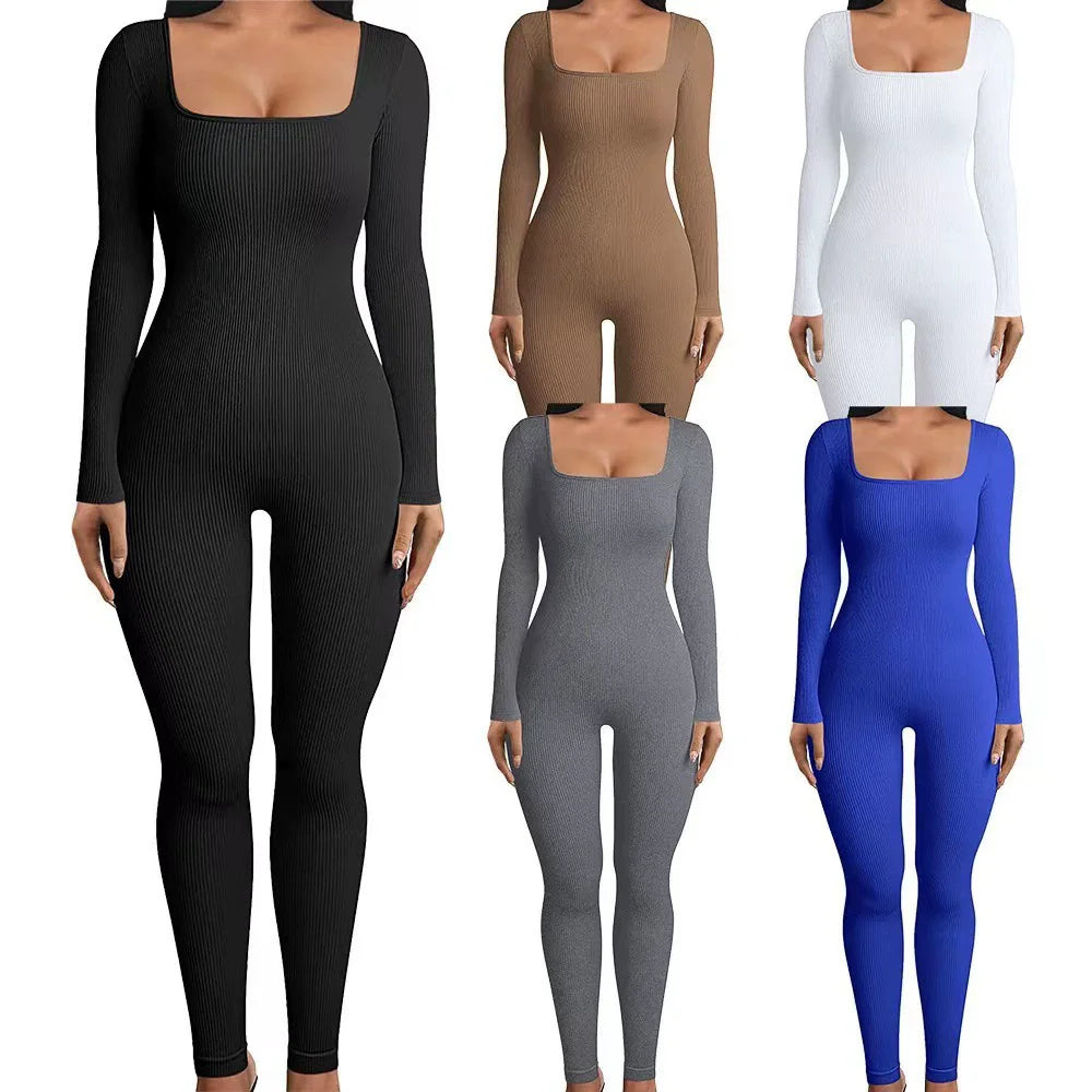 Solid Color Ribbed Yoga Jumpsuit, Seamless Slim Fit Long Sleeve Sports Bodysuit, Women's Activewear Badiee Stylez