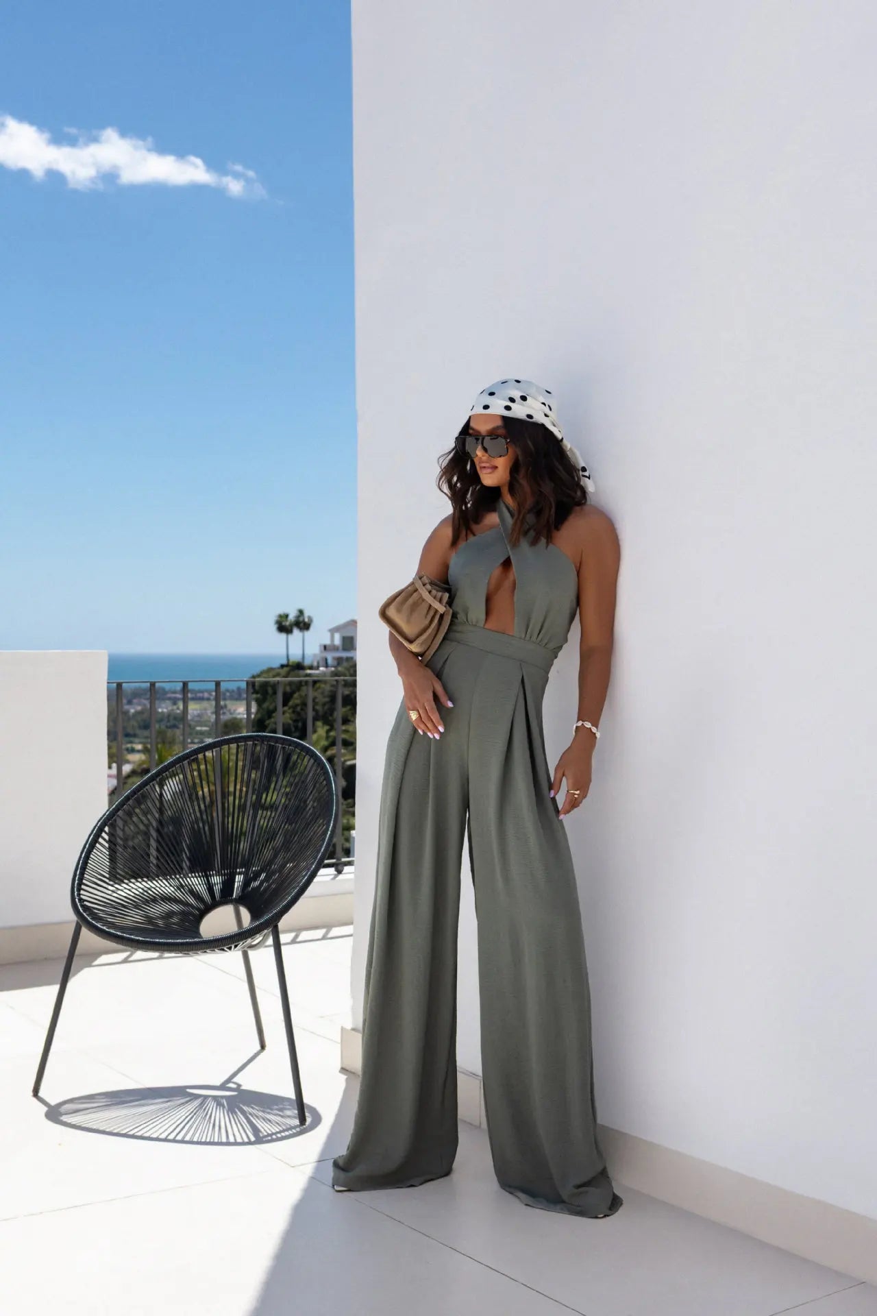 Sexy Solid Sleeveless Jumpsuit Spring Summer Fashion Commuter Women's Elegant Lapel Halter Neck Folds Wide Leg Trousers Jumpsuit Badiee Stylez