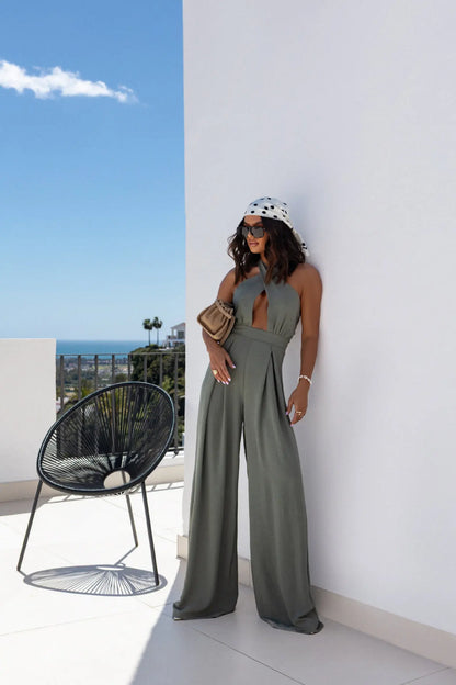 Sexy Solid Sleeveless Jumpsuit Spring Summer Fashion Commuter Women's Elegant Lapel Halter Neck Folds Wide Leg Trousers Jumpsuit Badiee Stylez