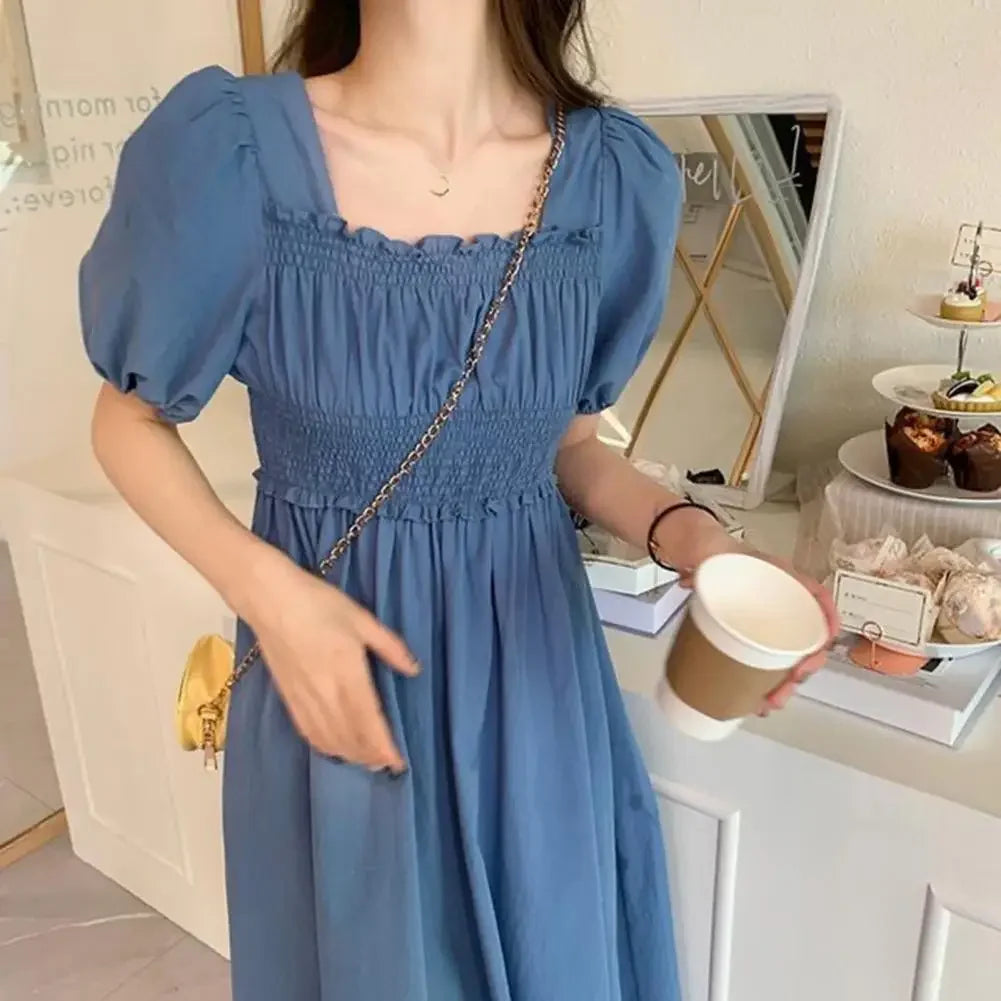 Summer Women Dress Pleated Shirring Square Neck Short Sleeve Bubble Sleeve Ladies Dress Solid Color Loose Hem Midi Dress