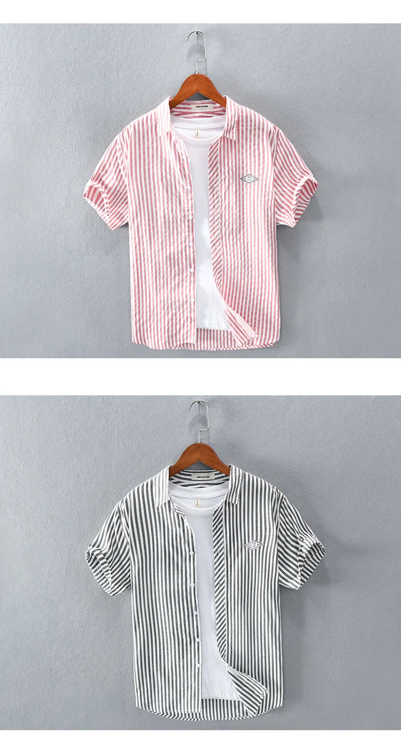 New Summer Men's Short Sleeve Shirt Fashion Thin Loose Half Sleeve Casual Youth Stripe Shirt Tops