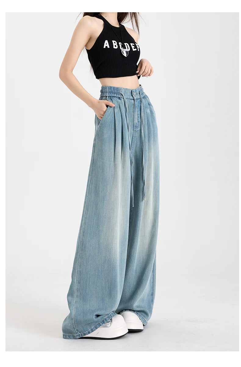 Summer Luxury Soft Cozy 100%Lyocell Fabric Woman Jeans Loose Wide Leg Elastic Waist Pants Fashion Casual Trousers Plus Length