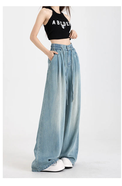 Summer Luxury Soft Cozy 100%Lyocell Fabric Woman Jeans Loose Wide Leg Elastic Waist Pants Fashion Casual Trousers Plus Length