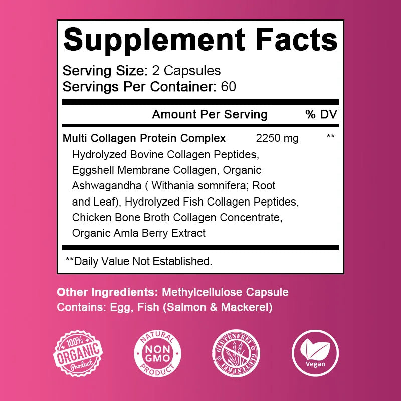 Powerful Hydrolyzed Collagen Capsules with Hyaluronic Acid Antioxidant Skin Hair Nails Health With Vitamins&Minerals