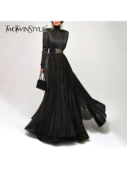 TWOTWINSTYLE Solid Spliced Belt Slimming Dresses For Women O Neck Long Sleeve High Waist Temperament Long Dress Female Clothes
