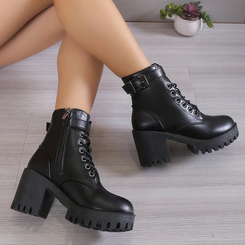 Winter New Fashion Comfortable Elegant Square with Women's Shoes Side Zipper Round Head Solid Color Simple Thick Heel Boots Badiee Stylez