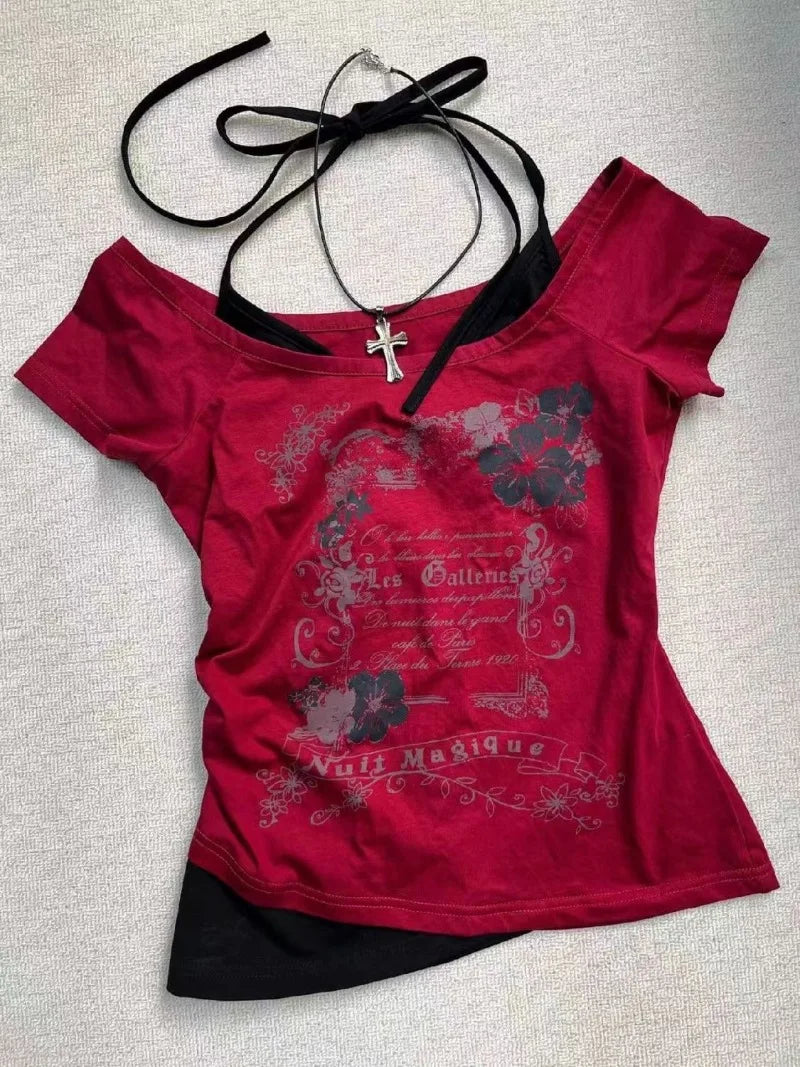 American Retro Sweetheart Red Lips Letter Print Slim Short-sleeved T-shirt Women Summer Fashion Street Hot Sexy Casual Top 7