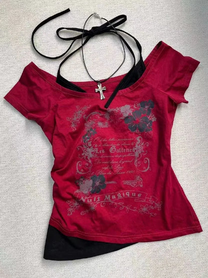 Retro Floral Print Fake Two-piece Short-sleeved T-shirt Women Y2K Millennial Hot Girl Sweet Slim Harajuku Street Casual Top 2