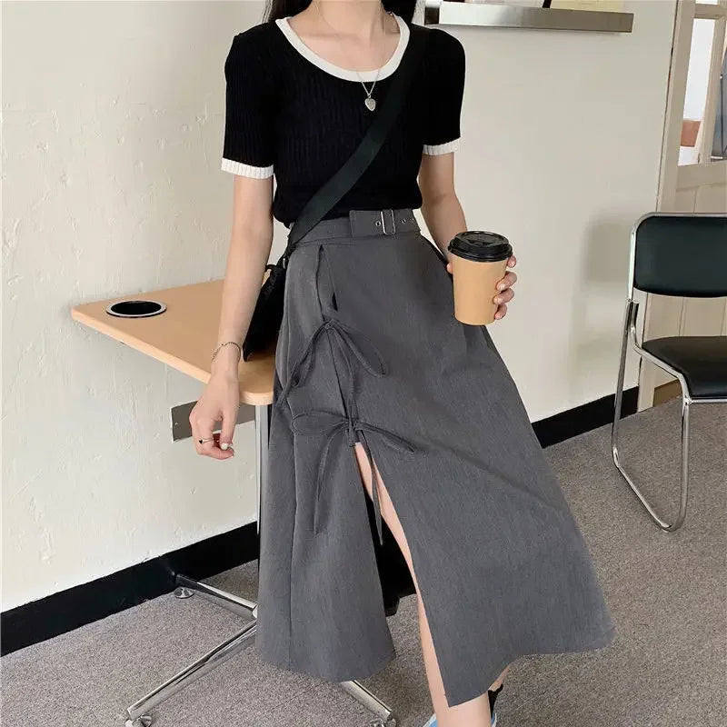Vintage Dark Gothic High Split Mid-Calf Skirts Women Elegant Fashion Party Club High Waist Femme Bottom Streetwear Goth Skirt