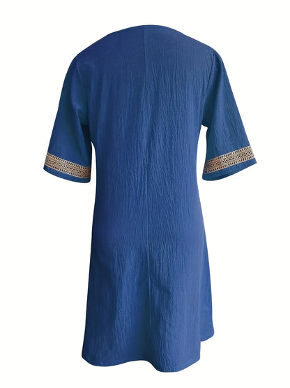 Chic Guipure Lace V-Neck Tunic Dress - Easy-Care, Knee-Length, All- Season Comfort with Stylish Hollow Details Badiee Stylez