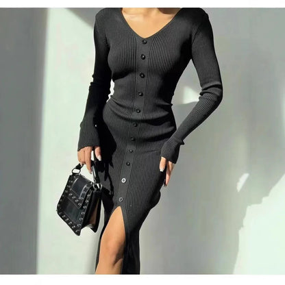 2025 Knitted Dress For Women Vintage Fashion Long Sleeve Dresses Solid Single Breasted V Neck Midi Autumn Winter Dress Скучать Badiee Stylez