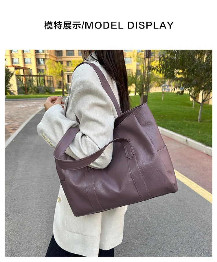 Vintage Large Capacity Tote Bag, Retro Vegan Shoulder Bag, Women's Casual Handbag For Commute ,Trendy Handbag with Soft Leather