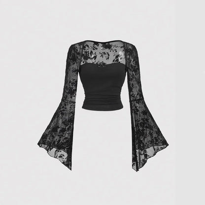 Design Sensation Lace Splicing Long Sleeve Mesh T-Shirt Sexy Elegant Style Full Sleeve Square Collar Polyester Fiber Top